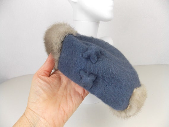 1940's 1950's Blue Felt Hat with Fur Trim - image 4