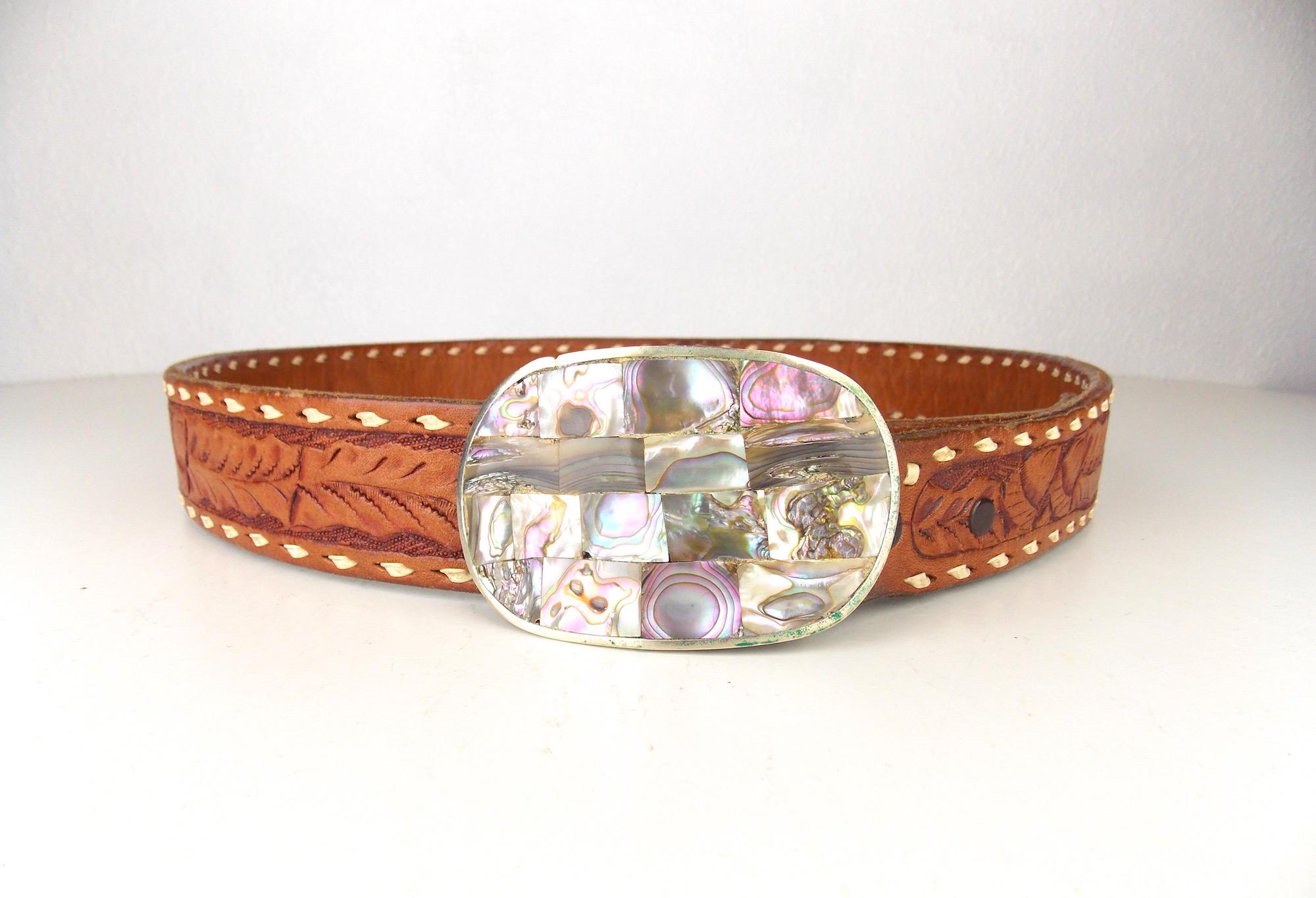 British Tan Leather Belt w/Abalone Inlay Alpaca Silver Buckle Just listed ? A ca. 1970s Zuni tooled leather and inlay  main image 3