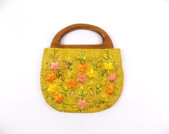 1960er Jahre leuchtend gelbe gewebte Bermuda-Handtasche