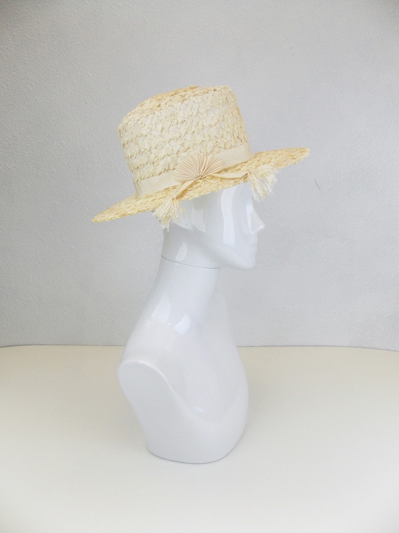 1960's Ivory Color Straw Boater Style Hat