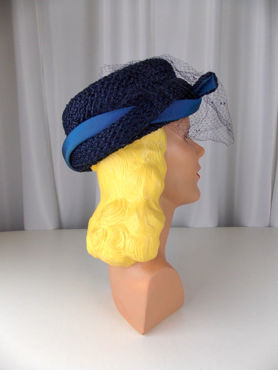 Blue Raffia Straw Hat with Veil by Ethel Atkins  … - image 4