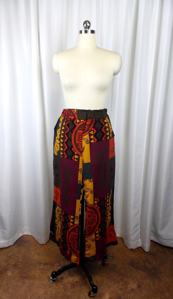 1990's Primitive Print Pants Palazzo Ankle length… - image 1