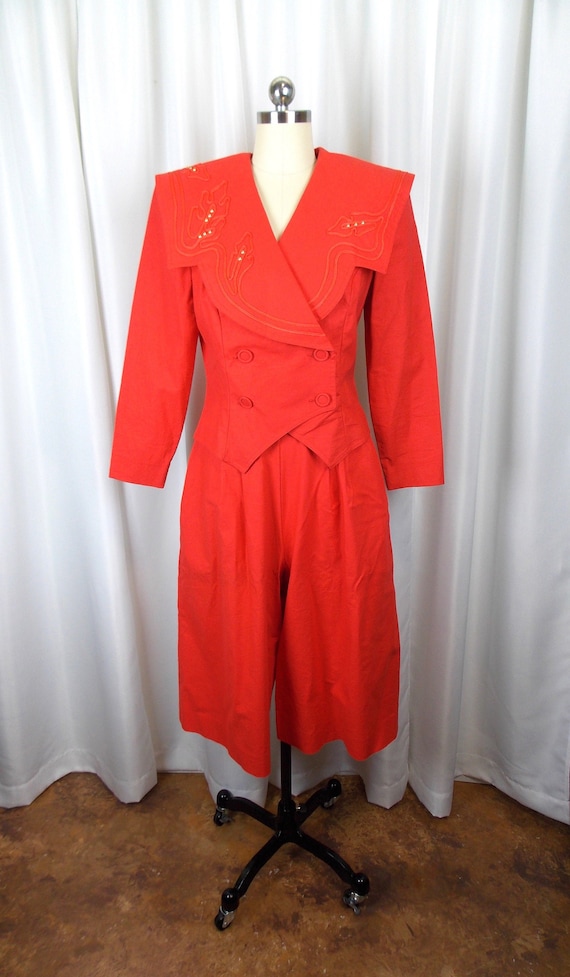 Bright Red Two Piece Pant Suit Gauchos and Crop Ja