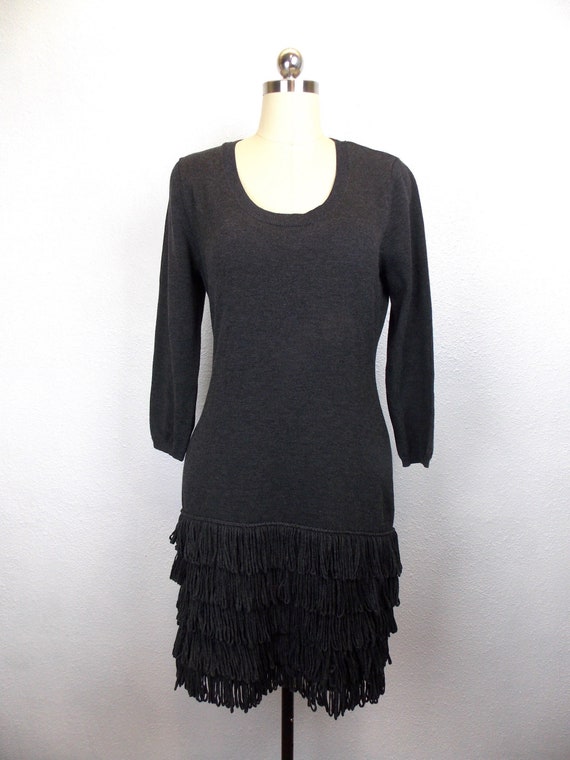 calvin klein winter dresses Gray Sweater Dress With Fringe Trim Size L jumper-dresses slate blue formal dress Coat Chest Size (Inches):56 Large to size