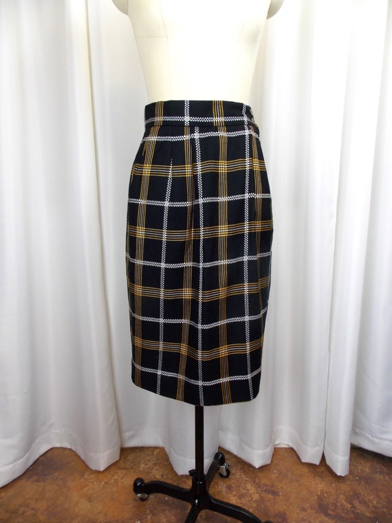 1990's Plaid Wool Skirt Black and Yellow Pencil S… - image 2