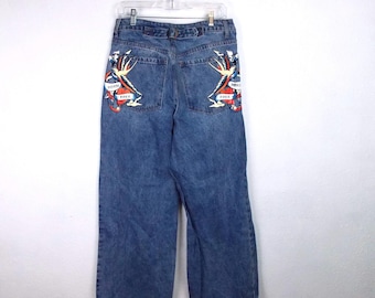 Ed Hardy Born Free Birds Y2K Skater Deans mit weitem Bein und Schnalle hinten Detail Größe 30