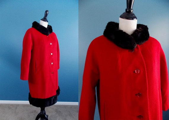 1960's Red Wool Coat with Black Fur Trim Parkmoor