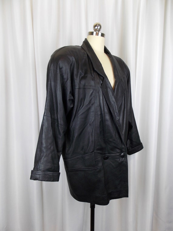 1980's Black Leather Jacket Coat Medium Hip Length - image 2