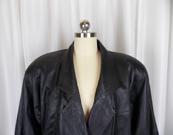 1980's Black Leather Jacket Coat Medium Hip Length - image 4