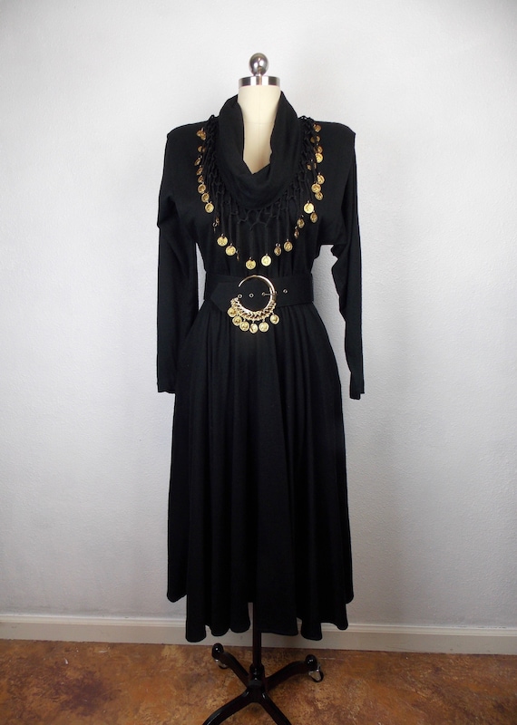 1990's Sybil California Black Dress Embellished wi