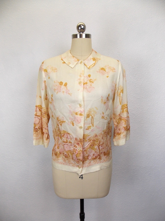 1950's Silk Blouse with Flower Cart Print - image 1