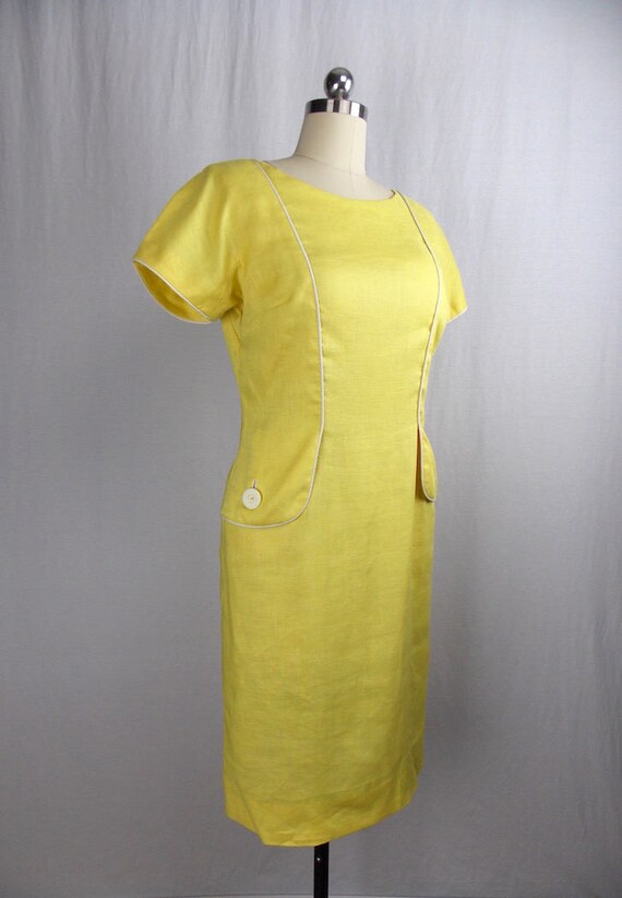 1960's Daffodil Yellow Linen Shift Dress "Chudiks… - image 2