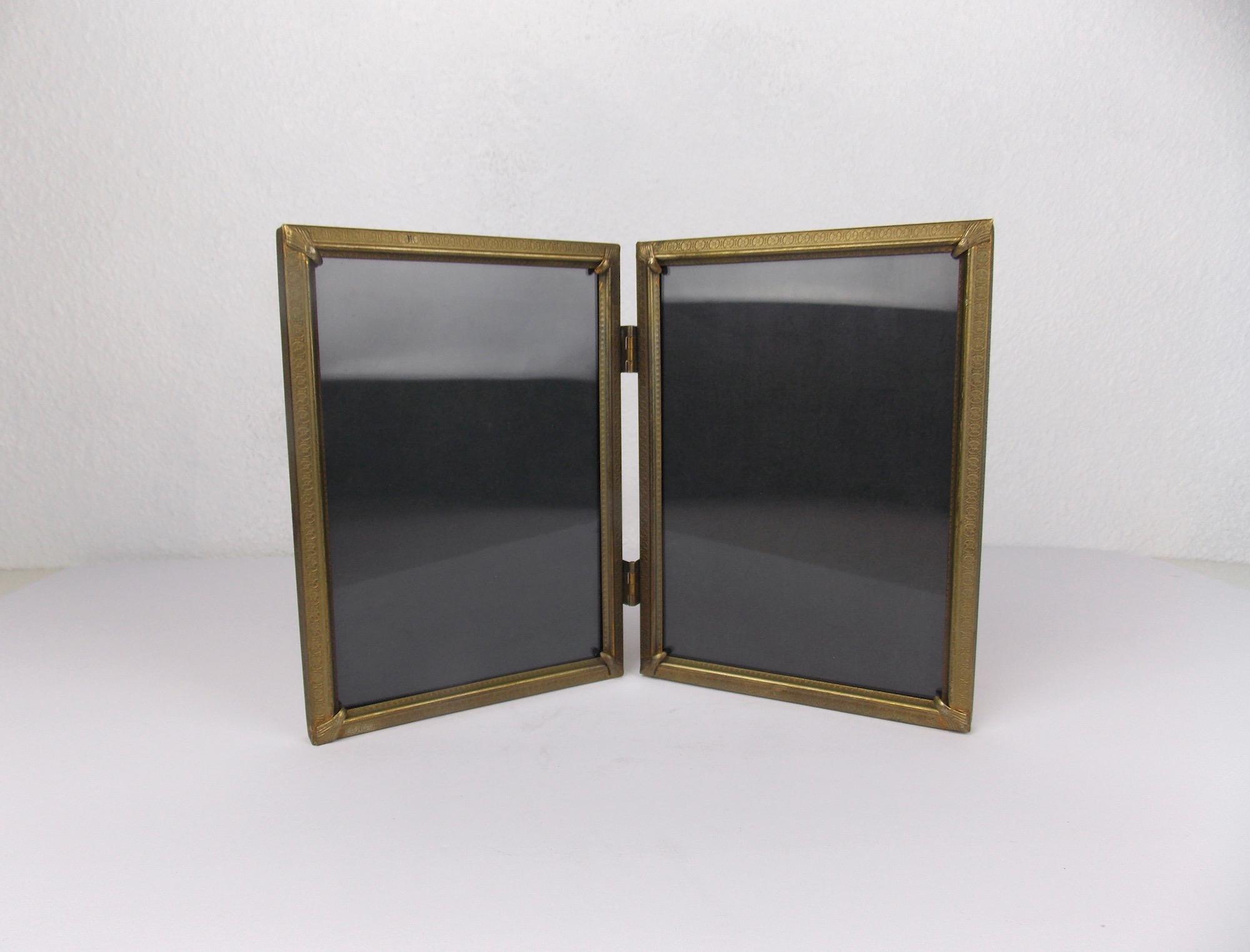 Vintage Tabletop Folding Double Photo Frame for 5 X 7 Aged Brass