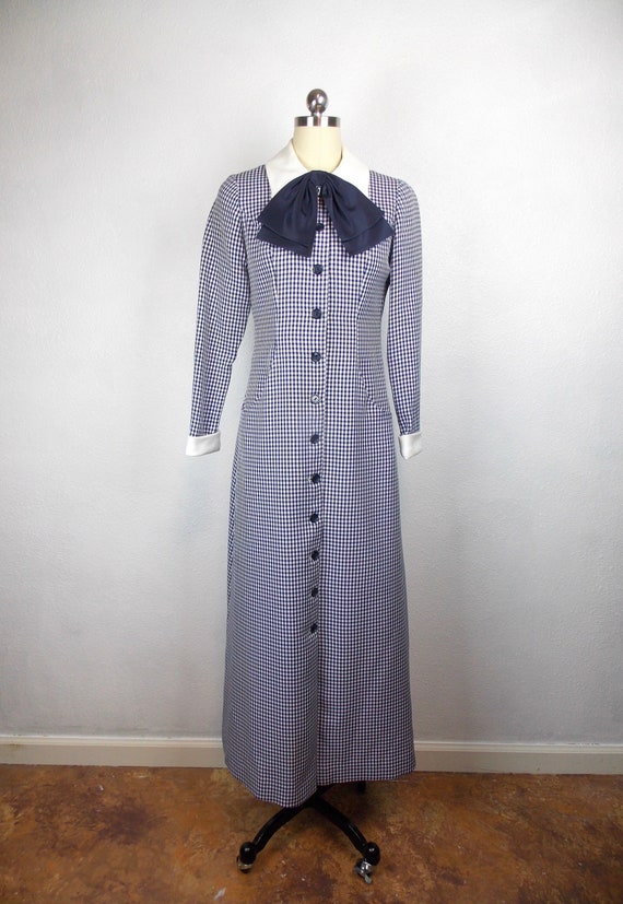 1970's Blue Gingham Check Maxi Dress Poly Knit - image 1