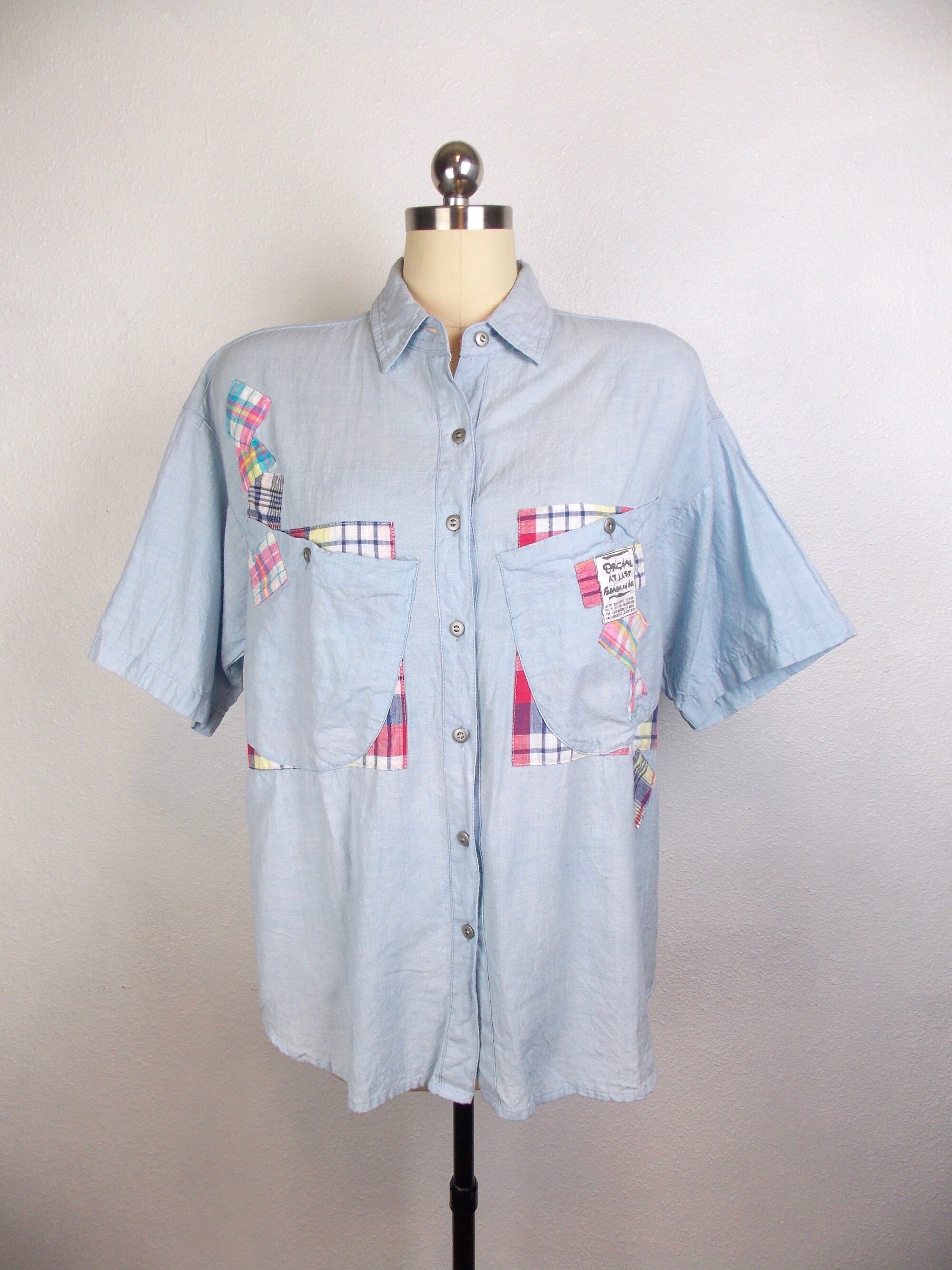 Vintage Oversized Chambray Shirt with Patchwork Embellishments 100% Cotton