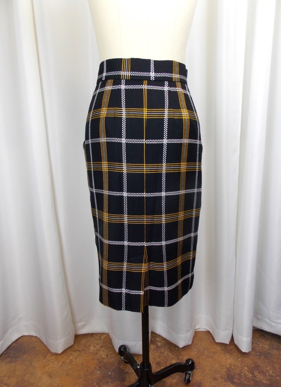 1990's Plaid Wool Skirt Black and Yellow Pencil S… - image 6