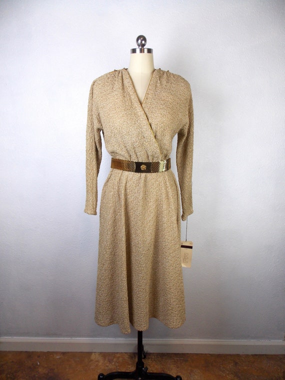 NOS 1980's Gold Knit Dress with Deep V Neckline