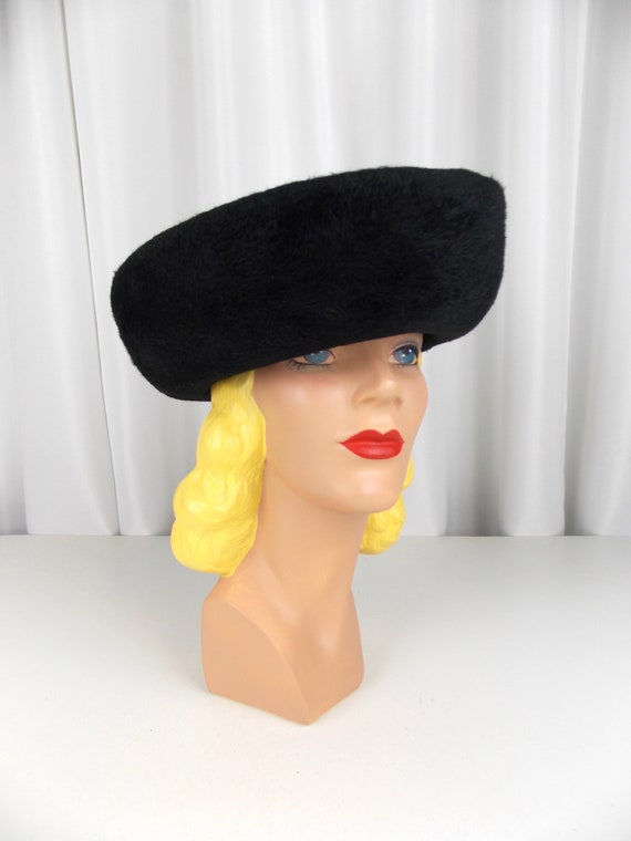 Black Felt Hat with Taupe and Black Satin 1950's … - image 2