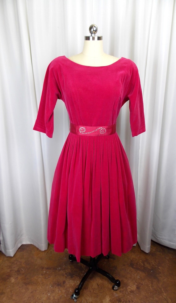 1950's Pink Velvet Dress with Matching Rhinestone 