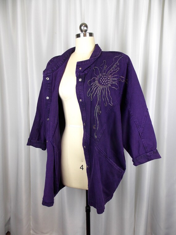 Purple Denim Jacket Coat Duster 1990's Size Small… - image 5