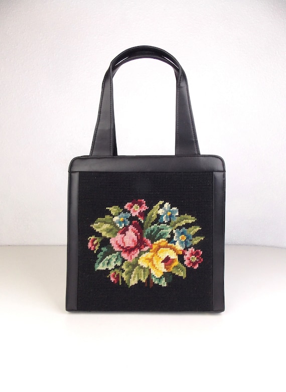 1960's Needlepoint Tapestry Handbag Black