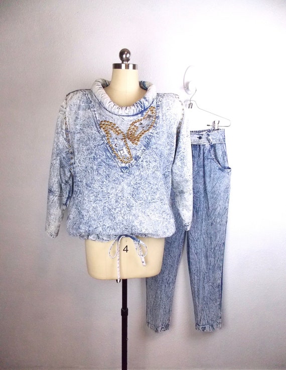 1990's Acid Wash Denim Bedazzled Two Piece Pant Su