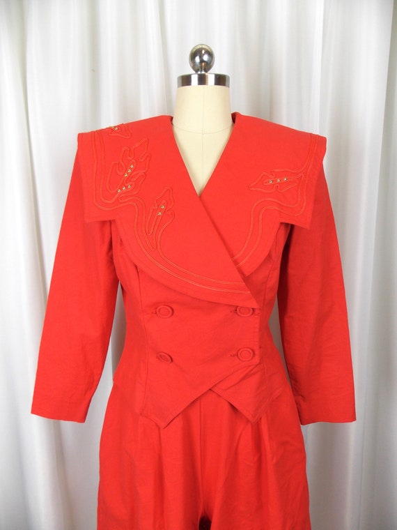 Bright Red Two Piece Pantsuit Gauchos and Crop Ja… - image 3