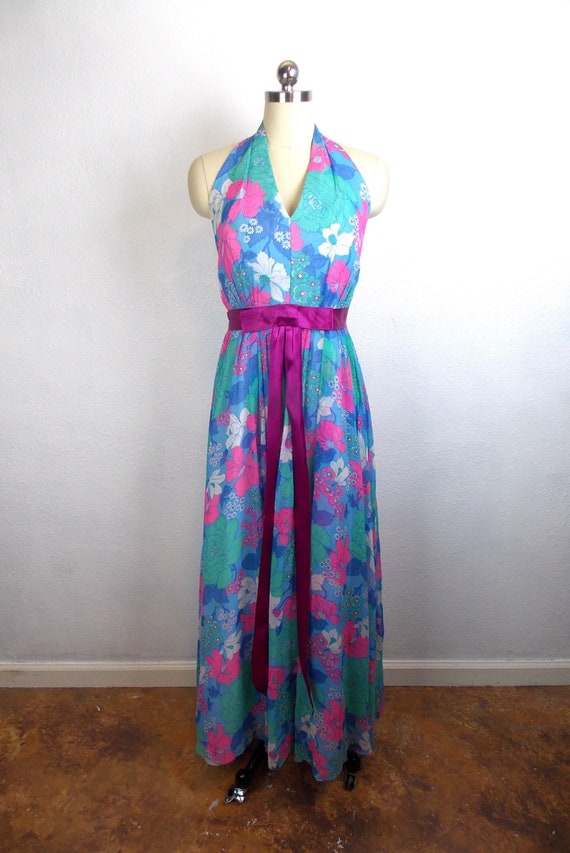 1970's Halter Neckline Formal Gown Floral Print