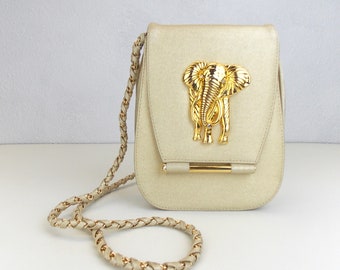 Vintage Nima Shoulder Bag in Gold with Elephant Medallion and Braided Chain Strap