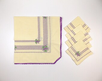 Vintage 1950's Cross Stitch Needlepoint Embellished Tablecloth and Matching Napkins