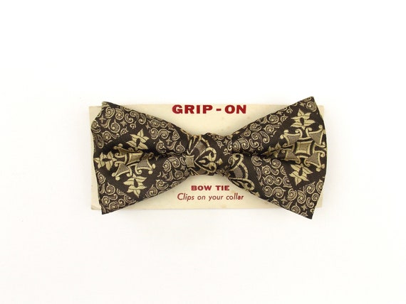 Vintage Clip On Brown and Yellow Bow Tie 1950's 1… - image 3