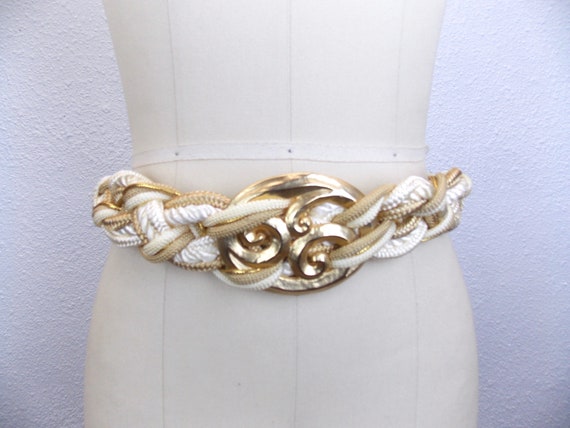 1980's White and Gold Braided Cinch Belt Size M - image 3