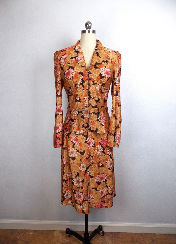 1970's Two Piece Silky Polyester Skirt and Top Set