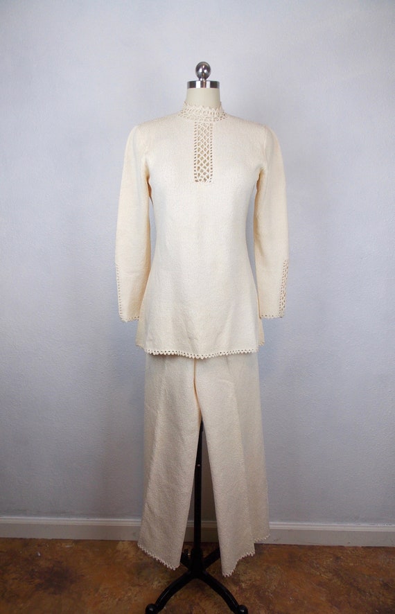1960's 1970's Ivory Knit Pantsuit 2 pcs Miss Joann