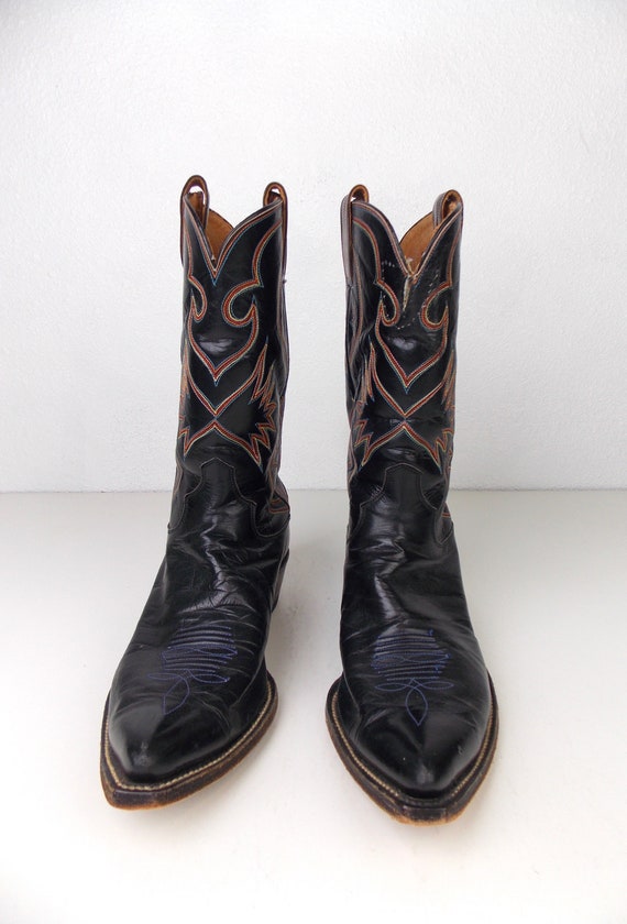 Vintage Black Leather Cowboy Boots with Multicolo… - image 2