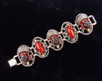 1940's Selro Selini (unmarked) Bracelet Black and Red Celluloid with Faux Pearls