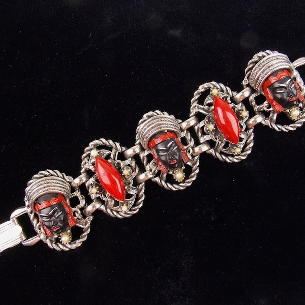 1940's Selro Selini (unmarked) Bracelet Black and Red Celluloid with Faux Pearls