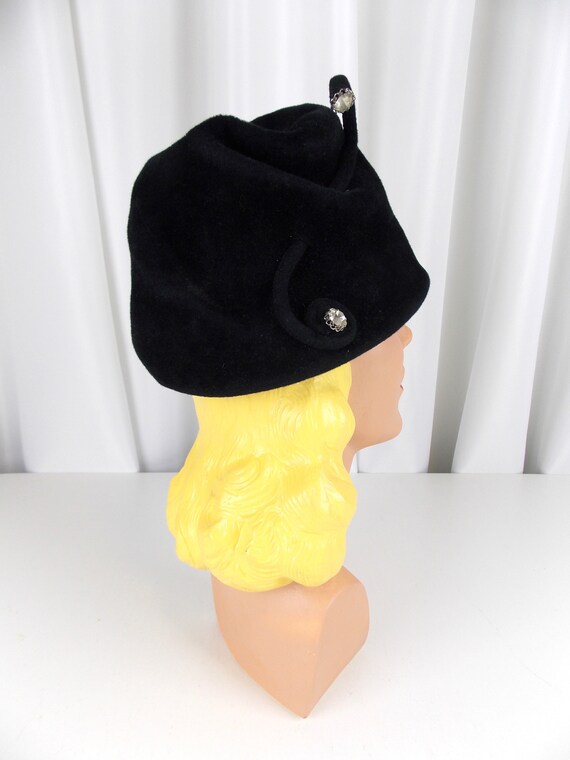 Black Velour Felt Wool Hat Toque with Unusual Sha… - image 6