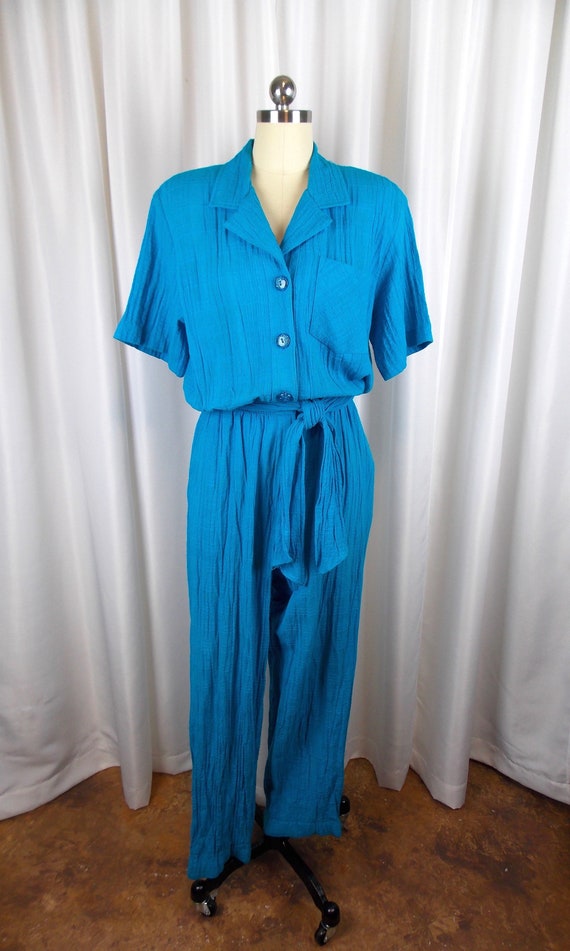 1980's Jumpsuit Teal Cotton Saint Germain Size Sma