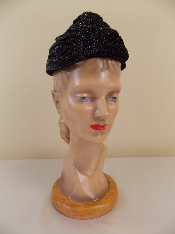 Black Raffia Coolie Hat by Miss Sally Victor