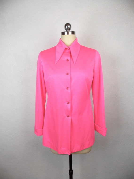 1970's Bright Pink Blouse Polyester Jersey Knit Ja
