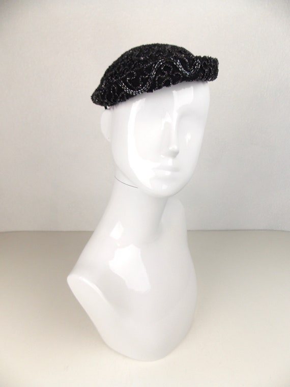 1940's 1950's Black Heavily Beaded Hat Volk - image 2