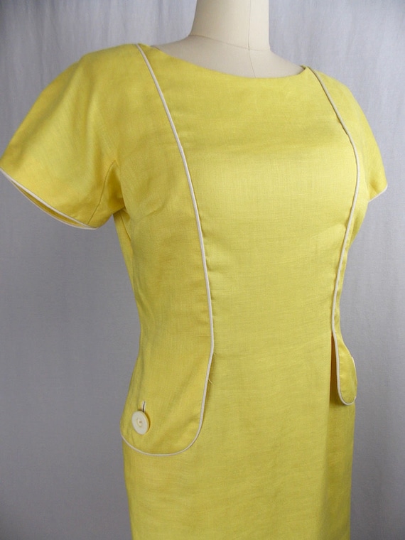 1960's Daffodil Yellow Linen Shift Dress "Chudiks… - image 5
