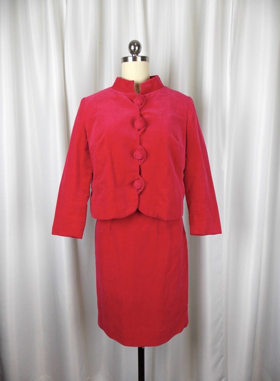 Pink Velveteen Skirt Suit Two Piece 1960's XS Jac… - image 1