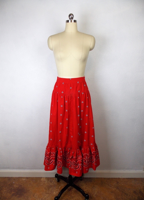 1990's Red Bandana Print Western Style Skirt Midi 
