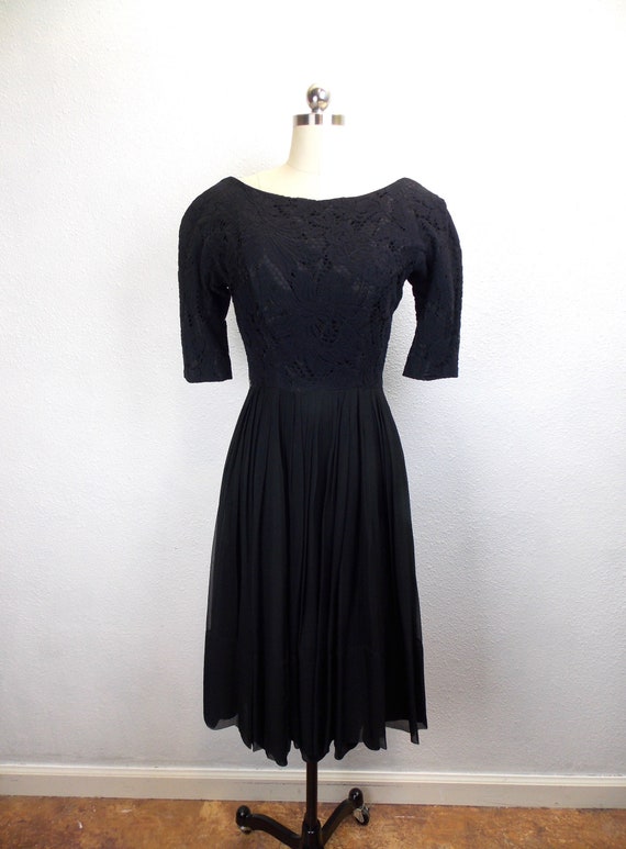 1950's Black Cocktail Dress with Corded Lace Bodic