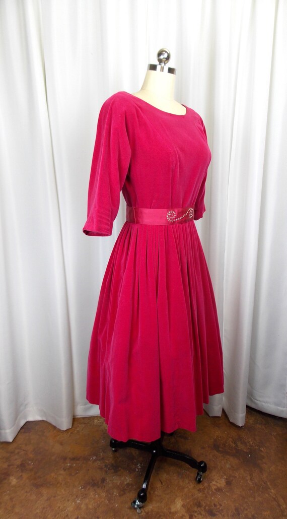 1950's Pink Velvet Dress with Matching Rhinestone… - image 3