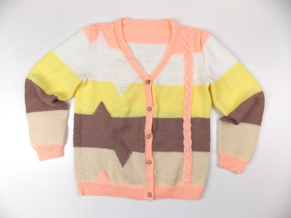 Vintage Hand Knit Cardigan Sweater Stripe Pattern… - image 1