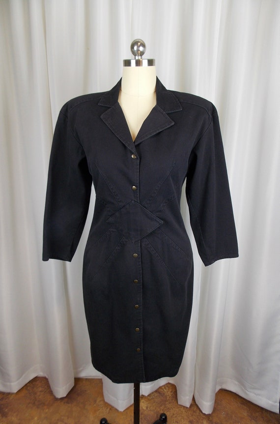 1990's Black Twill Denim Coat Dress Small 1990's S