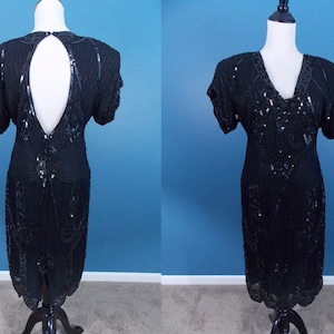 Art Deco Inspired Black Sequin Cocktail Dress with Keyhole Back